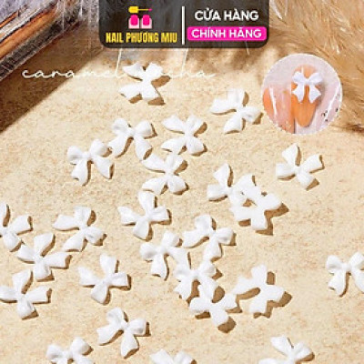 Set Charm Nơ Trắng Nhựa Hàng Đẹp Gắn Móng Làm Nail Phương Miu Kiểu Hàn Quốc Đế Bằng Dễ Đính Nữ Women