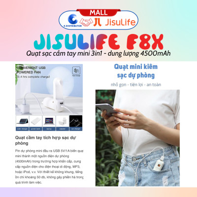 Quạt cầm tay mini JisuLife F8X 4500mAh - Tích hợp Sạc dự phòng, Đèn pin - Hàng chính hãng