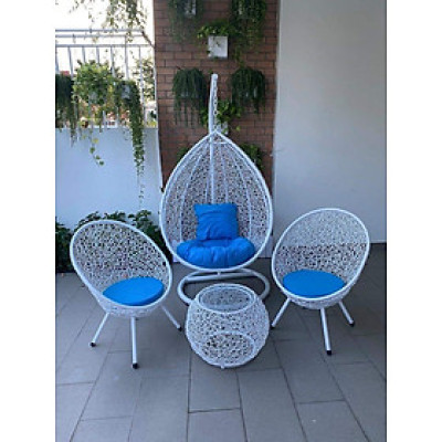 Bộ xích đu sân vườn Tundo đan rối màu trắng đệm nhiều màu