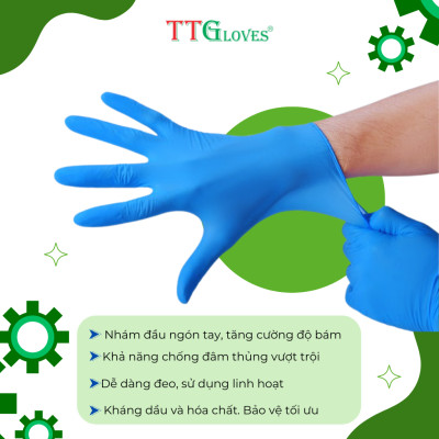 Găng Tay Cao Su Y Tế Size M Không Bột Nitrile TTGLOVES Màu Xanh (100 Chiếc)