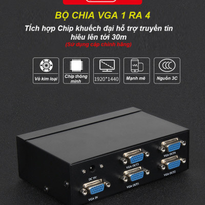 Unitek U8707 - 01 Bộ Chia VGA Unitek 1 ra 4 Hỗ Trợ Độ Phân Giải 1920*1440 @60Hz Khoảng Cách Truyền Xa Lên Tới 30m - Kèm Nguồn AnZ - Hàng Chính Hãng