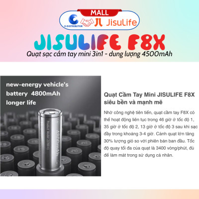 Quạt cầm tay mini JisuLife F8X 4500mAh - Tích hợp Sạc dự phòng, Đèn pin - Hàng chính hãng