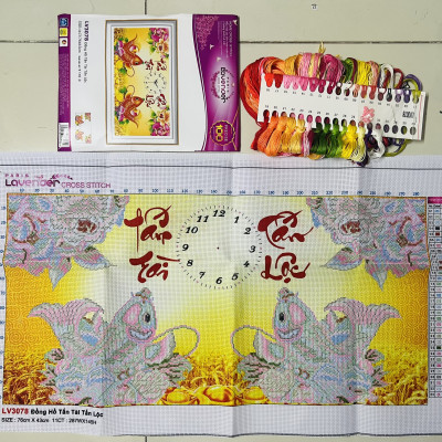Tranh thêu chữ thập đồng hồ cá chép LV3078, kích thước 76 x 43 cm