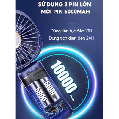 Quạt Mini Cầm Tay Tích Điện 10.000mAh, Đeo Cổ, Gấp Gọn, 5 Tốc Độ Gió Linh Hoạt - HÀNG CHÍNH HÃNG MINIIN
