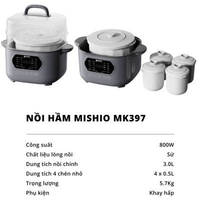 Nồi nấu chậm lòng sứ 3L Mishio MK397 kèm xửng hấp và 4 thố sứ tiện lợi không lo cháy khét hay bong tróc chống dính - Hàng chính hãng