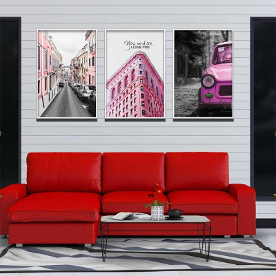 Bộ 3 tranh canvas treo tường Decor Đường phố và xe, tông hồng hiện đại – DC150