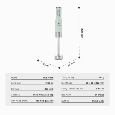 Máy xay cầm tay Elmich BLE-8666, công suất 1000W, thiết kế cầm tay dễ sử dụng, lưỡi dao bằng thép không gỉ siêu bền, đảm bảo an toàn tuyệt đối cho sức khỏe  - Hàng chính hãng