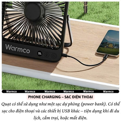 Quạt để bàn / treo đa năng turbo siêu mỏng 20.000 mAh, đèn led chiếu sáng 4 cấp độ gió,dùng làm Pin sạc dự phòng cho iphone ipad điện thoại hiệu Warmco D4 - Gió Mạnh, Êm Ái,hạn chế tiếng ồn, tích điện sạc cắm trại, du lịch, gia đình - Hàng nhập khẩu