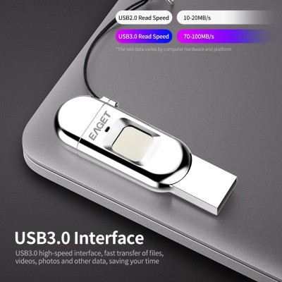 EAGET FU68 128GB USB Flash Drive Type-C USB3.0 Dual-port Metal Fingerprint Encryption U Disk for Smart Phone PC Laptop
