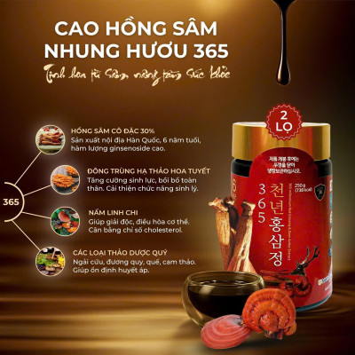 CAO HỒNG SÂM NHUNG HƯƠU LINH CHI 365 HÀN QUỐC HỘP 2 LỌ x 250gr