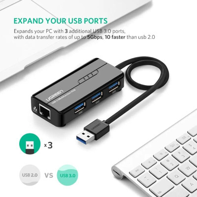 Ugreen UG2026520265TK 28CM màu Đen HUB chuyển đổi USB 3.0 Sang 3 USB 3.0 + LAN cao cấp hỗ trợ tốc độ 1 Gbps - HÀNG CHÍNH HÃNG