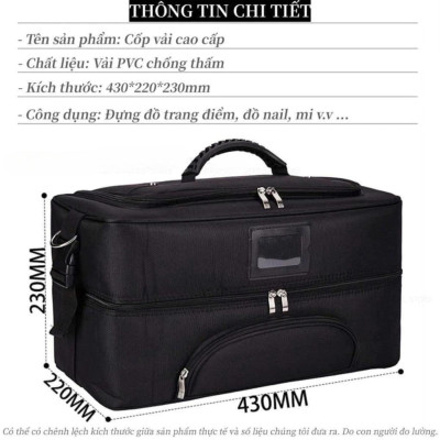 Cốp Vải To Đựng Đồ Làm Nail Đa Năng 2 Tầng 4 Khay Nhựa Chắc Chắn, Túi Vải Canvas 43x23x21cm Dày Dặn 2 Khóa Chống Nước Có Quai Đeo Và Tay Xách