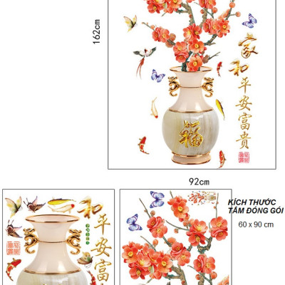 Decal Bình hoa đào 3D ngày tết Amy DH098 (162 x 92 cm)
