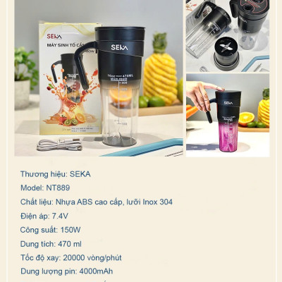 Máy Xay Sinh Tố Cầm Tay Seka NT889 (Model Mới Nhất 2025) Dung Tích 470ml Công Suất 150W - Hàng Chính Hãng