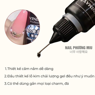 Bút Đính Đá VINIMAY Dạng Chai Gel Trong 15ml Đính Charm Đá Làm Nail Siêu Chắc, Dễ Cầm Nắm, Đầu Kim Chải Sơn Gel Đều Theo Ý Muốn Gắn Mọi Loại Charm