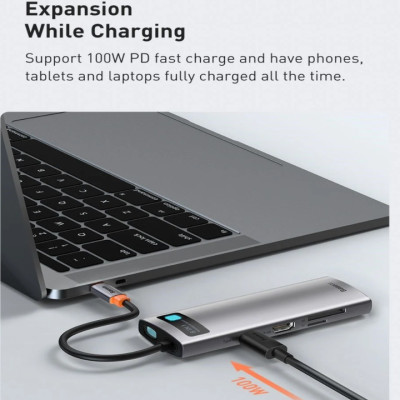 Hub chuyển đổi đa năng 8 trong 1 Baseus CAHUB-CV0G ( Type-C to HDMI/ USB3.0/ LAN / SD Card Reader/ Type C PD 100W, Multifunctional HUB) - HÀNG NHẬP KHẨU