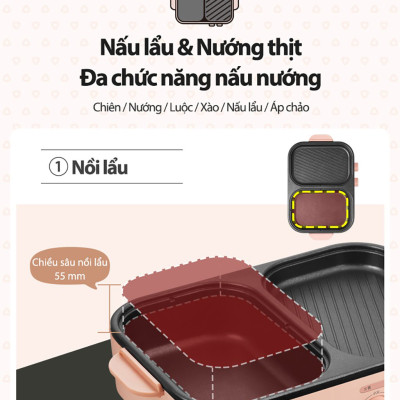 Nồi Lẩu Điện Mini, Nồi Lẩu Nướng Bear DKL-C12D1 Dung Tích 1.2 Lít Công Suất 1200 W - Hàng Nhập Khẩu