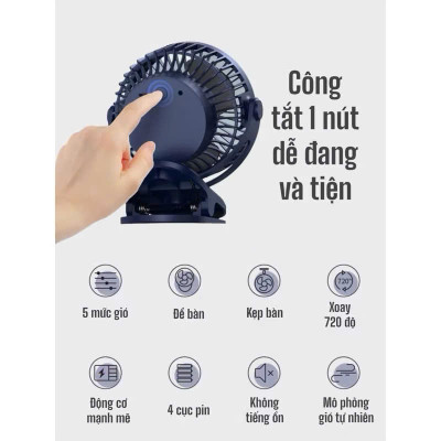 Quạt Mini Tích Điện Kẹp Bàn F60 - 5 Tốc Độ Gió, Xoay 720 Độ, Lồng Quạt 15cm, Sạc Type C - HÀNG CHÍNH HÃNG MINIIN