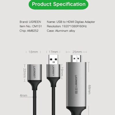 Ugreen UG50291CM151TK 1.5M màu Xám Cáp chuyển đổi USB 2.0 sang HDMI hỗ trợ phân giải FULL HD cao cấp - HÀNG CHÍNH HÃNG