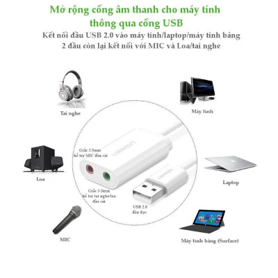Ugreen UG30143US205TK 15CM màu Trắng Bộ chuyển USB 2.0 sang Loa + MIC chuẩn 3.5mm - HÀNG CHÍNH HÃNG