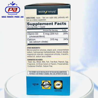 Viên uống bổ sung Canxi hữu cơ + Vitamin D3 cho bà bầu Mason Natural Calcium Citrate + D3 Mỹ 60 viên