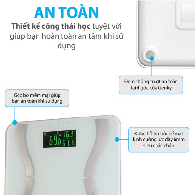 Cân sức khỏe điện tử thông minh Genky - phân tích cơ thể, theo dõi mỡ, cơ, nước, xương, calo, màn hình siêu rộng