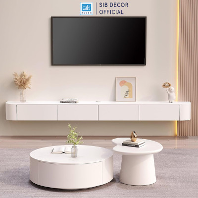 Kệ Tivi Gắn Tường Bo Cong Màu Trắng 2 Ngăn Kéo Và Cánh Mở Hiện Đại SIB Decor TV169