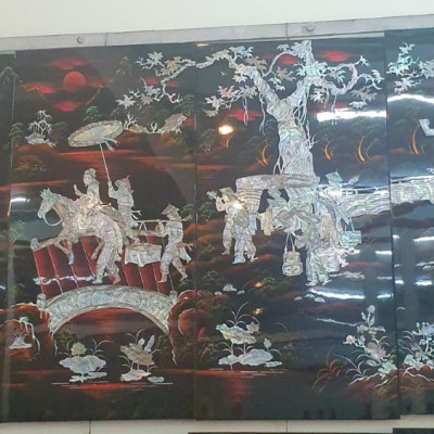 Tranh sơn mài Bộ 4 tấm Vinh Quy Bái Tổ cẩn ốc xà cừ, hàng đẹp, hàng xuất khẩu size 80x160 cm