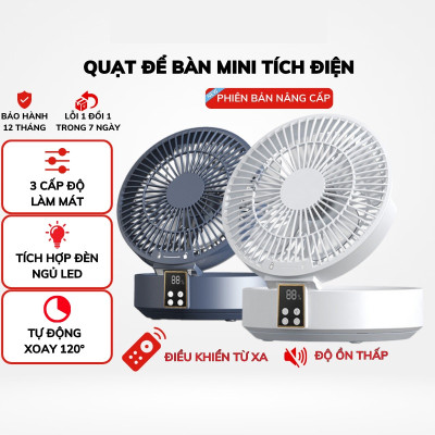 Quạt tích điện DELADEP QDB07 để bàn hoặc treo tường xoay 120°, có điều khiển, điều chỉnh đa góc, có thể gấp gọn, 5 cánh 3 mức gió siêu mát - Hàng nhập khẩu