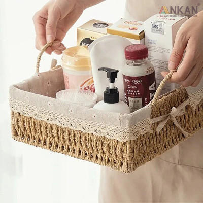 Giỏ Decor Hình Vuông Có Quai Xách – Đan Tay Thủ Công, Lót Vải Hoa Vintage, Trang Trí & Đựng Đồ Đa Năng