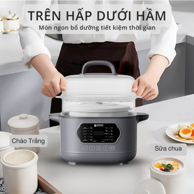 Nồi nấu chậm lòng sứ 3L Mishio MK397 kèm xửng hấp và 4 thố sứ tiện lợi không lo cháy khét hay bong tróc chống dính - Hàng chính hãng