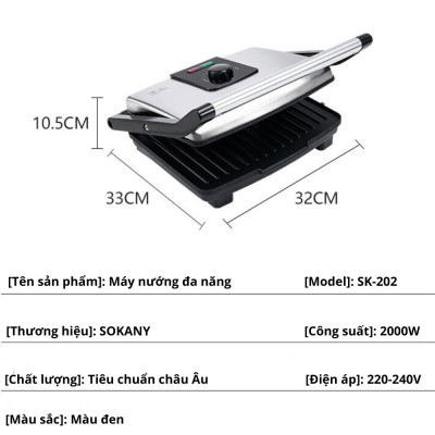 Máy kẹp nướng bánh mì SOKANY SK-202 ép bánh sandwich, rán trứng, nướng thịt CHỐNG DÍNH đa năng dễ dang vệ sinh - HÀNG CHÍNH HÃNG