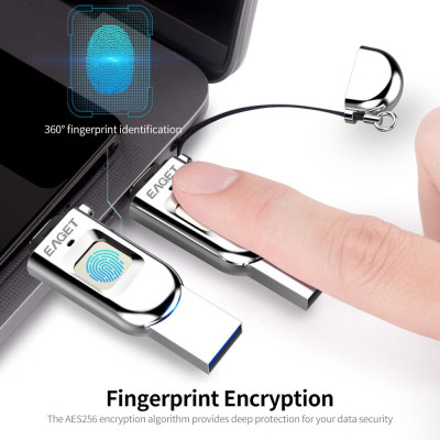 EAGET FU68 128GB USB Flash Drive Type-C USB3.0 Dual-port Metal Fingerprint Encryption U Disk for Smart Phone PC Laptop