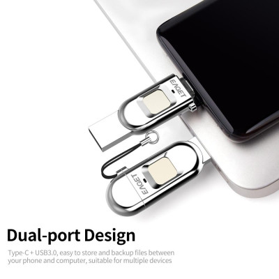 EAGET FU68 128GB USB Flash Drive Type-C USB3.0 Dual-port Metal Fingerprint Encryption U Disk for Smart Phone PC Laptop