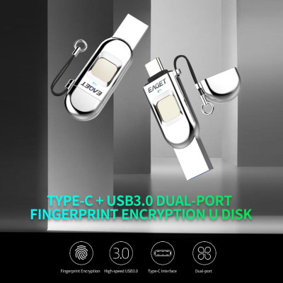 EAGET FU68 128GB USB Flash Drive Type-C USB3.0 Dual-port Metal Fingerprint Encryption U Disk for Smart Phone PC Laptop