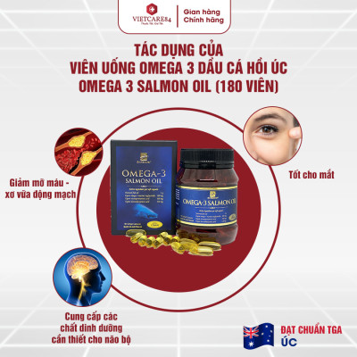 Viên uống Omega 3 dầu cá Hồi nhập khẩu chính hãng Úc OMEGA 3 SALMON OIL (180 viên) hỗ trợ giảm mỡ máu, giảm nguy cơ xơ vữa động mạch, cung cấp các chất dinh dưỡng cần thiết cho não bộ, tốt cho mắt