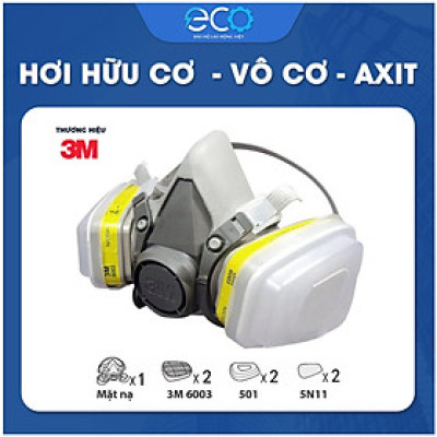 Bộ mặt nạ phòng độc 3M 6100/6200 với phin lọc 6003 kết hợp tấm lọc bụi 5N11 cùng nắp giữ 501 (7 món)