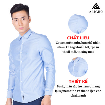 Áo sơ mi nam dài tay ALIGRO 100% chất cotton xanh nước biển, cổ bẻ dáng ôm body ALGS050