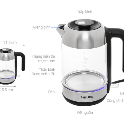 Bình đun siêu tốc Philips HD9339 - 2000W - 1.7 Lít - Hàng Chính Hãng, Bảo Hành Toàn Quốc