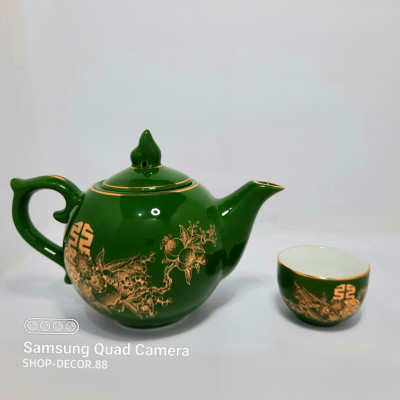 Bộ ấm chén bưởi rêu đào thọ vẽ vàng 24k gốm sứ Bát Tràng cao cấp