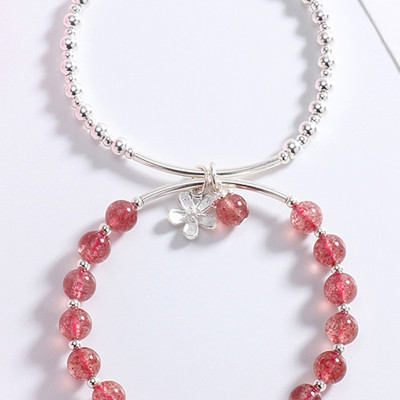 Vòng tay 2 line đá thạch anh dâu phối charm hoa bạc mệnh hỏa, thổ - Ngọc Quý Gemstones