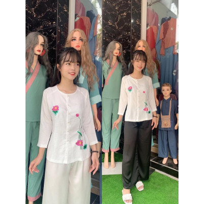 Đồ lam đi chùa #Bộ bà ba thêu sen chất lụa cao cấp