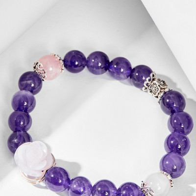 Vòng tay hoa mẫu đơn thạch anh hồng mix tím Ngọc Quý Gemstones