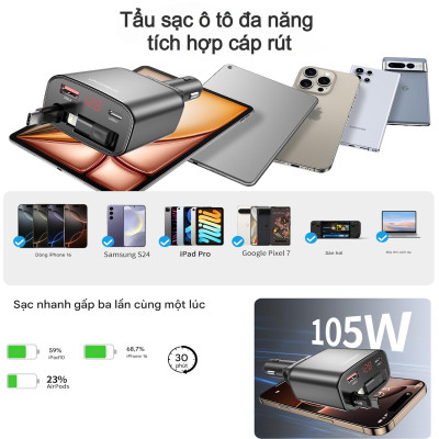 Tẩu sạc ô tô đa năng 105W Choetech TC0033 tích hợp cáp sạc rút Type C và đầu nối iP - Hàng chính hãng