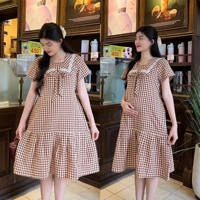 Đầm bầu đuôi cá cổ thuỷ thủ phối viền ren chất Cotton Hàn Váy bầu năng động