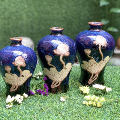 Set lọ hoa men hỏa biến xanh dáng đùi dế