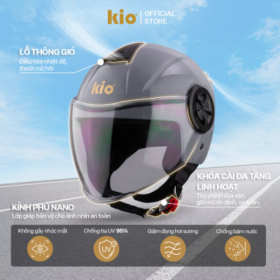 Mũ Bảo Hiểm 3/4 Kio SafeStyle Metro KN06K, Kính Dài Phủ Nano Chống Tia UV, Thông Gió Thoáng Khí