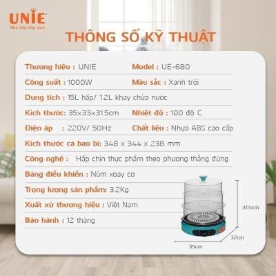 Nồi hấp điện UNIE UE-680 công suất 1000W dung tích 15L - Hàng chính hãng