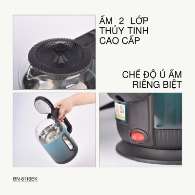 Bình Đun Siêu Tốc Ủ Ấm 2 Lớp Cách Nhiệt Bằng Thuỷ Tinh Bennix BN-6116EK Dung Tích 2L Công Suất 1500W- Hàng Chính Hãng