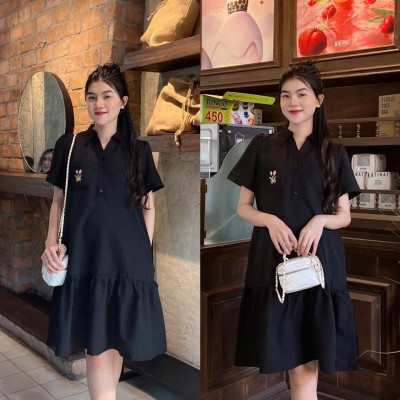 Đầm Bầu Công Sở Cổ Sơ Mi Phối Túi Thêu Phom Đuôi Cá Dễ Thương